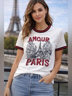 Amour Paris Rhinestone Graphic Tee – Chic French Street Style Top